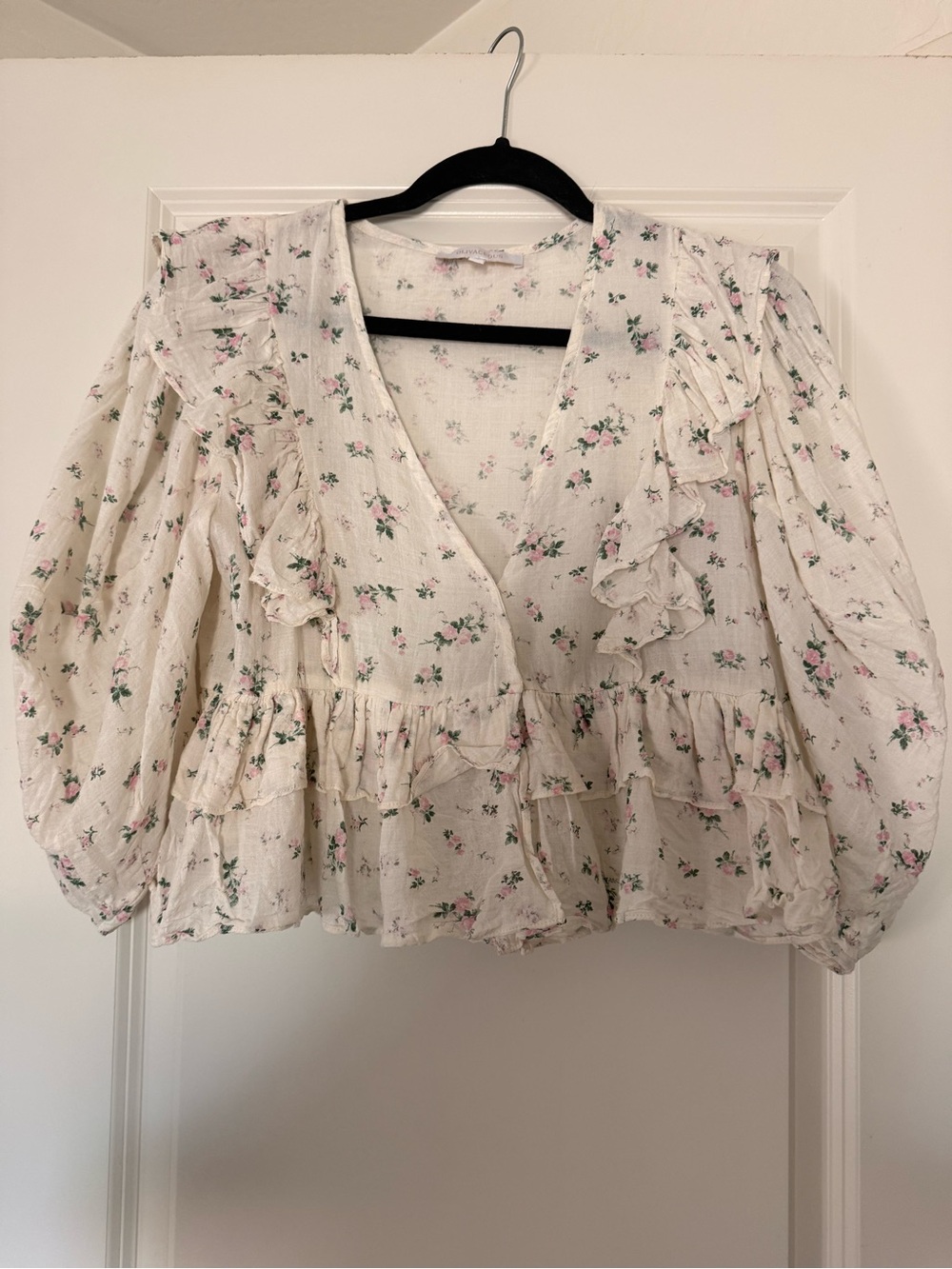 Olivaceous Cream Ruffled V-Neck Blouse with Pink Floral Print